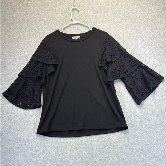 Pleione Tops - Black Lace Ruffle Sleeve Top
